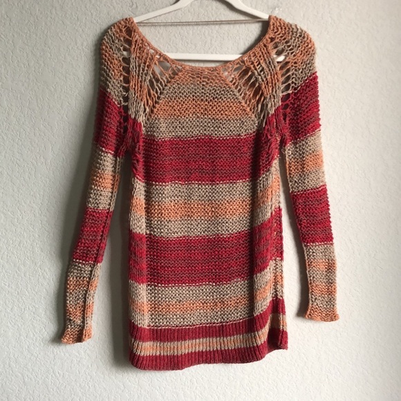 Free People Desert Moon Sweater Open Knit Red Stripe Cotton XS Fishermancore - Picture 6 of 15